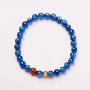 Natural 6mm blue kyanite beaded bracelet for women with golden engraved fortune bead