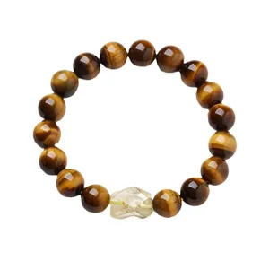 Natural 10mm tiger eye beaded bracelet with unique yellow citrine gemstone charm