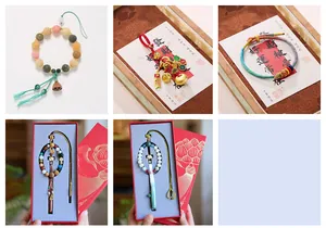 Collage showing traditional Chinese bead bracelets and lucky pendants in premium gift boxes