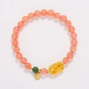 Natural agate beaded bracelet with yellow Pixiu carving and gold Fu character pendant