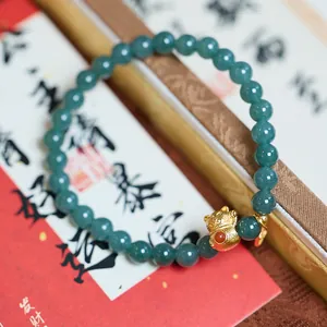 Pulsera de cuentas de jade azul de 6mm con amuleto de cerdo del zodiaco dorado para mujer