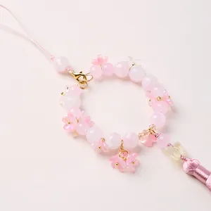 Pink glass flower beaded charm for phone and bag with golden lobster clasp and cord