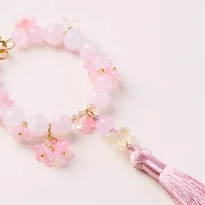 Pink glass flower beaded pendant with silk tassel for phone and bag decoration