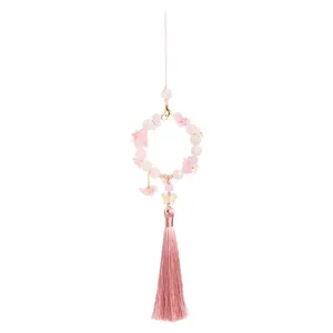 Pink glazed flower keychain with beads, yellow butterfly pendant and silky tassel