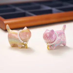 Exquisite lacquer cat figurines with pearl necklaces and golden coin charms for decor