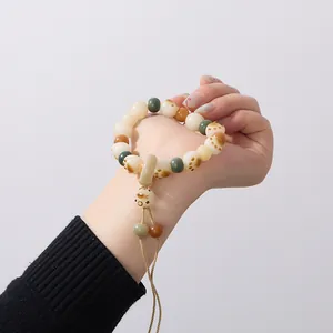 Vintage White Jade Bodhi Seed Beaded Bracelet With Cat Paw And Lucky Cat Charm Adjustable Braided Rope Bracelet For Women Jewelry