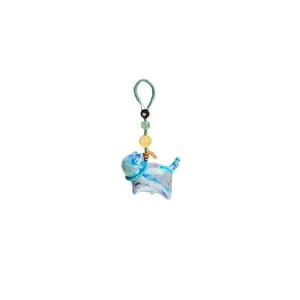 Colorful marble textured lucky cat charm with hand-woven cord and golden blessing plate