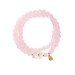 Bracelet en quartz rose naturel avec breloque chat et pendentif porte-bonheur doré