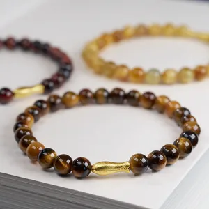 Tiger eye stone bracelet with golden fish charm and high-quality natural round beads