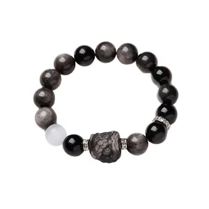 Bracelet en obsidienne naturelle avec pierre de lune et breloque Pixiu en argent