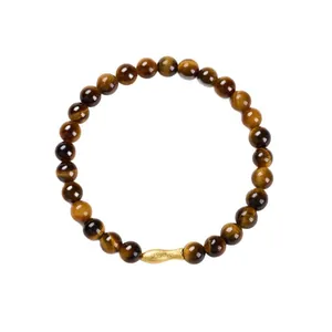 Natural 6mm tiger eye stone beaded bracelet with a matte gold fish charm for women