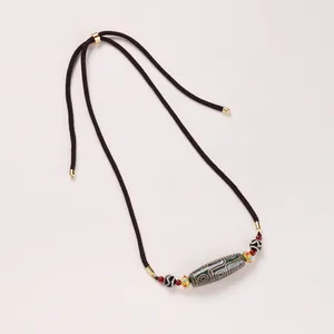 Collana Vintage Tibetana con Perla Dzi a Nove Occhi in Agata per Uomo Donna Corda Intrecciata Regolabile Gioielli Etnici
