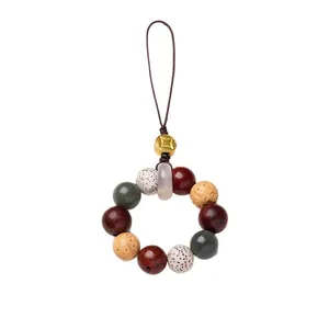 Natural Bodhi multi-gemstone keychain with vintage beads and golden coin charm