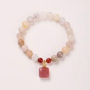 8mm natural purple stone beaded bracelet with square agate pendant and floral clasp