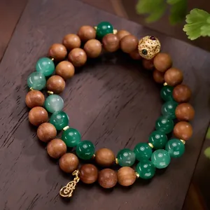 Natuurlijke Afrikaanse Jade Sandelhout Dubbele Wikkel Kralenarmband Vintage Etnische Stijl Met Gouden Kalebas Hanger Vrouwen Sieraden Cadeau