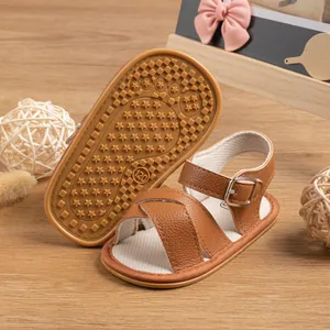 Detailed view of brown baby sandals with anti-slip rubber soles and star pattern grip