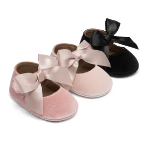 Baby Girl Velvet Mary Jane Shoes With Large Satin Ribbon Bow Soft Sole Anti-Slip Princess Prewalker Shoes For Party Wedding