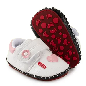 Detail of baby walking shoes showing non-slip rubber sole with cute footprint pattern
