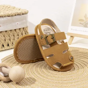 Classic mustard yellow closed-toe baby sandals in soft PU leather for infants 0-6 months
