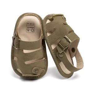 Olive green closed-toe baby sandals made of premium PU leather with metal buckle