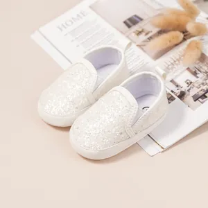 Sparkly white sequin soft sole baby loafers with elastic bands for toddler walking