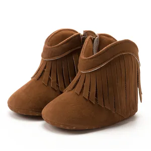 Detail showing non-slip dotted sole and side zipper on brown suede baby boots