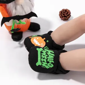 Halloween infant walking shoes with pumpkin design and soft black fabric material