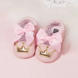 Baby Girls Pink Bow Princess Shoes Soft Sole Infant First Walkers With Gold Crown Decoration And Polka Dot Lining Toddler Shoes