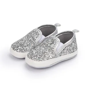 Silver sequin soft sole baby walker shoes with elastic straps and breathable design