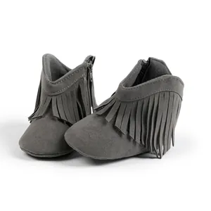 Detail of grey suede baby boots showing fringe design and side zipper closure