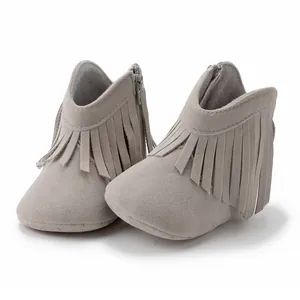 Soft sole baby fringe boots in grey faux suede with side zipper for easy wear