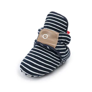 Winter infant baby walking shoes with blue stripes, warm fleece lining and soft sole