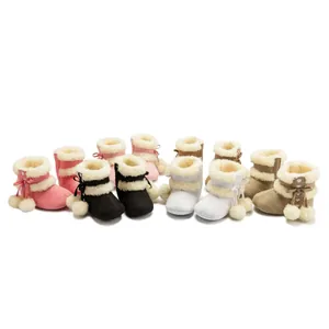 Bottes de Neige Hiver Bébé Fille Doublure Polaire Chaude Suédine Semelle Souple Premier Pas Avec Nœud Pompons Cœur