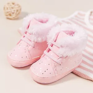 Stivaletti neonato rosa invernali in pile con pois argento e suola antiscivolo