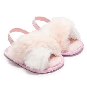 Detail of pink and white plush baby slippers with soft faux fur and elastic heel strap
