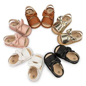 Baby Girl Sandals Synthetic Leather Bowknot Prewalker Shoes Litchi Grain Scalloped Summer Soft Sole First Walker Toddler Shoes