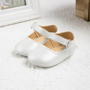 Baby Girl Mary Jane Shoes Scalloped Wave Edge PU Leather First Walkers Hook And Loop Non Slip Soft Sole Princess Dress Shoes