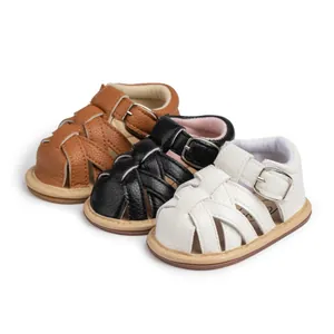 Breathable woven baby sandals with soft non-slip soles and adjustable buckle straps