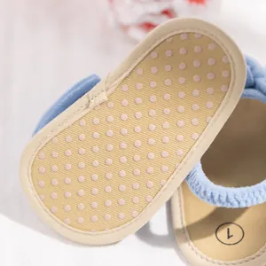 Detail view of baby walking shoe with light blue plush fabric and anti-slip dotted sole