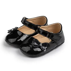 Glossy black PU leather baby Mary Jane shoes with glitter bow and buckle strap