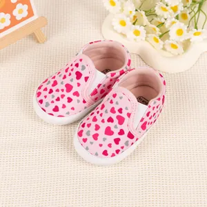 Pink heart print baby walker shoes with soft non-slip soles and elastic slip-on design