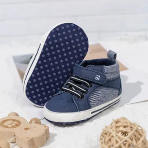 High-top navy baby walking shoes with non-slip soft soles and easy velcro straps