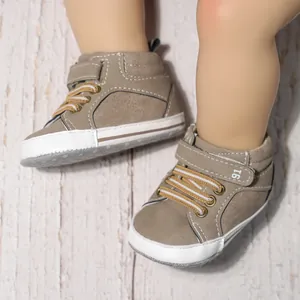 Classic brown high-top baby walker shoes with velcro straps and soft non-slip soles