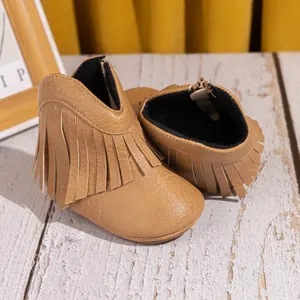 Bottes cowboy bébé en similicuir marron avec détails à franges et zip latéral