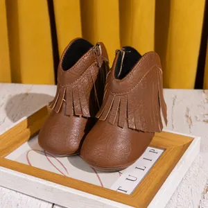 Bottes de cow-boy en cuir marron pour bébé avec franges et fermeture éclair latérale