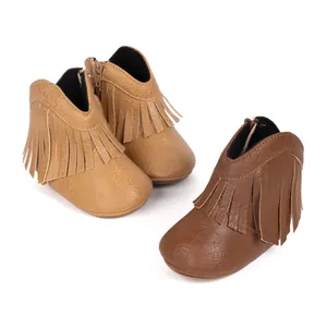 Bottes de cowboy bébé à franges en marron clair et foncé avec fermeture éclair latérale