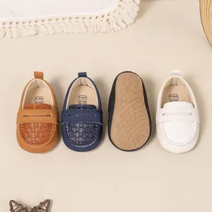 Soft-sole baby loafers with non-slip bottoms and woven texture in multiple colors