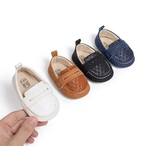 Detail showing soft-soled baby loafers in four colors with breathable woven texture