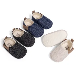 Three pairs of breathable soft-sole baby walking shoes in blue, black, and beige colors