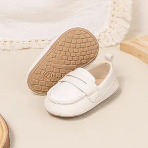 White breathable slip-on baby loafers with anti-slip soft rubber soles for 0-1 years old